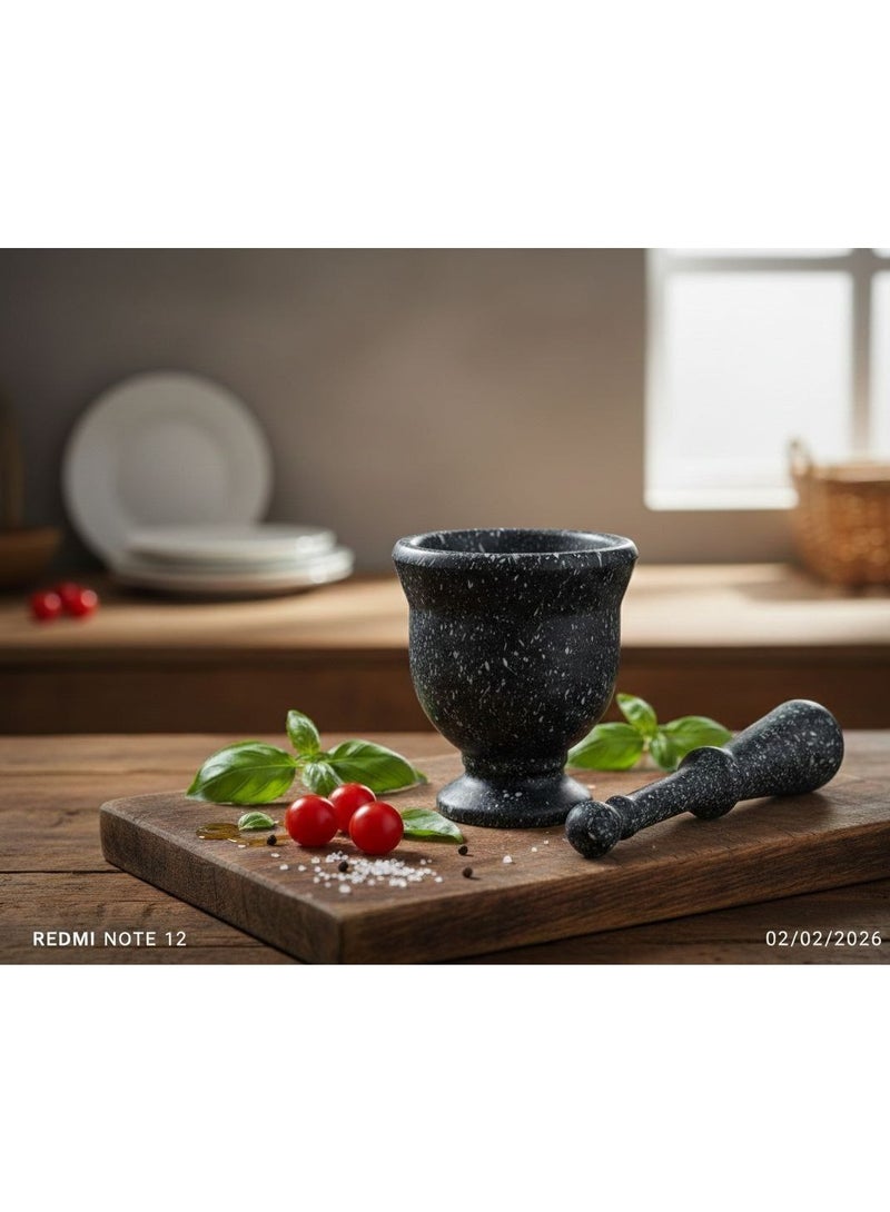 طقم هاون ومدقة من الجرانيت - بنمط منقط أسود، تصميم تقليدي - Image 1